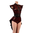 Primeval Red Romper with Tux Back Tails, Flip Sleeves and Inset Mesh Keyhole - Coquetry Clothing