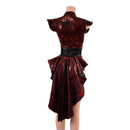 Primeval Red Romper with Tux Back Tails, Flip Sleeves and Inset Mesh Keyhole - Coquetry Clothing