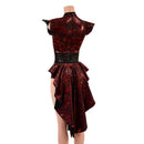 Primeval Red Romper with Tux Back Tails, Flip Sleeves and Inset Mesh Keyhole - Coquetry Clothing