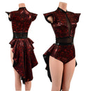 Primeval Red Romper with Tux Back Tails, Flip Sleeves and Inset Mesh Keyhole - Coquetry Clothing