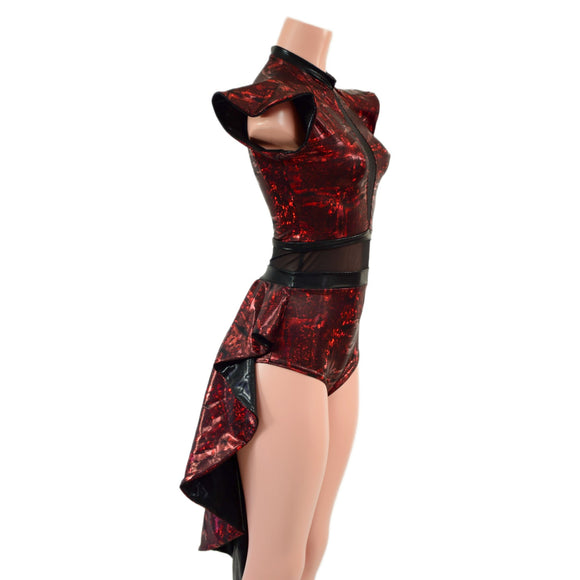 Primeval Red Romper with Tux Back Tails, Flip Sleeves and Inset Mesh Keyhole - Coquetry Clothing
