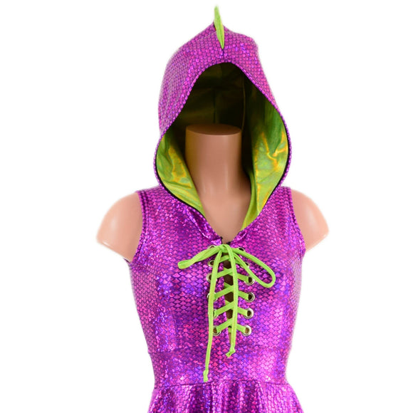 Purple Scale Dragon Tail Skater Dress with Laceup Neckline - Coquetry Clothing