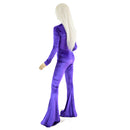 Purple Velvet Catsuit with Plunging V Neckline and Solar Flares - Coquetry Clothing