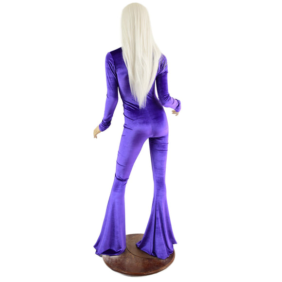 Purple Velvet Catsuit with Plunging V Neckline and Solar Flares - Coquetry Clothing