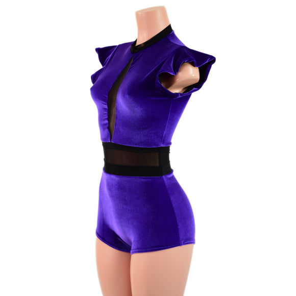Purple Velvet Inset Keyhole & Mesh Romper with Boy Cut Leg - Coquetry Clothing