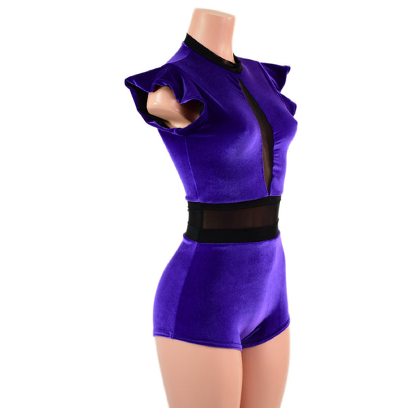 Purple Velvet Inset Keyhole & Mesh Romper with Boy Cut Leg - Coquetry Clothing
