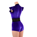 Purple Velvet Inset Keyhole & Mesh Romper with Boy Cut Leg - Coquetry Clothing