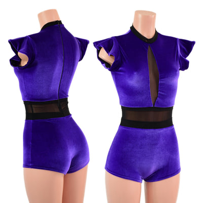 Purple Velvet Inset Keyhole & Mesh Romper with Boy Cut Leg - Coquetry Clothing