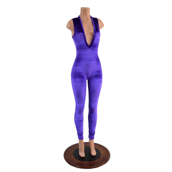 Purple Velvet Plunging V Neck Catsuit - Coquetry Clothing