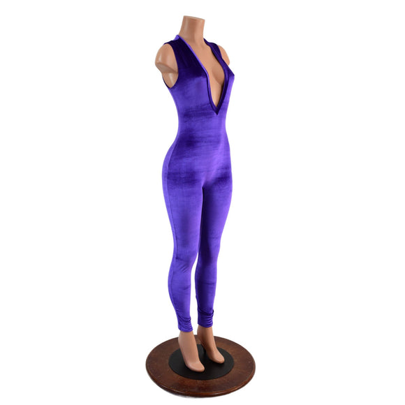 Purple Velvet Plunging V Neck Catsuit - Coquetry Clothing