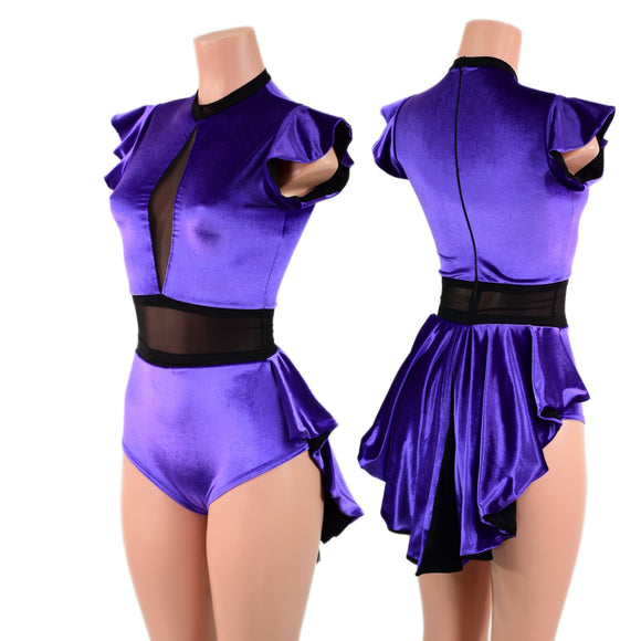 Purple Velvet Romper with Inset Mesh Keyhole Neckline and Mini Tux Back Tails - Coquetry Clothing