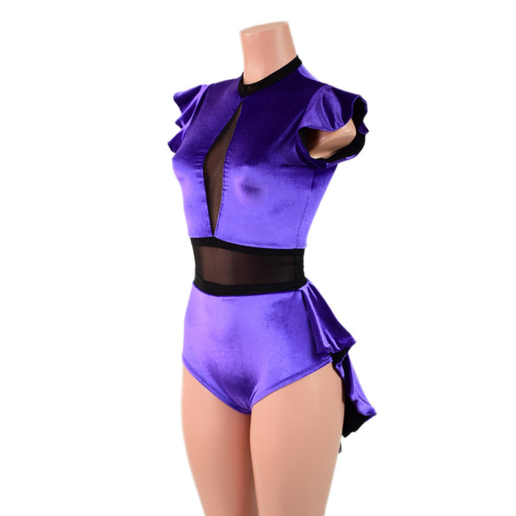 Purple Velvet Romper with Inset Mesh Keyhole Neckline and Mini Tux Back Tails - Coquetry Clothing