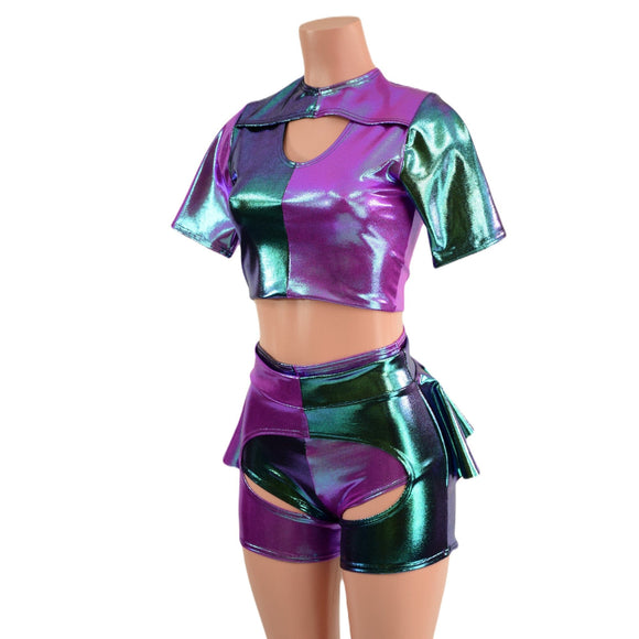 Harlequin Color Blocked Siren Shorts, Ruffle Rump Short Chaps, and Window Crop Set - Coquetry Clothing