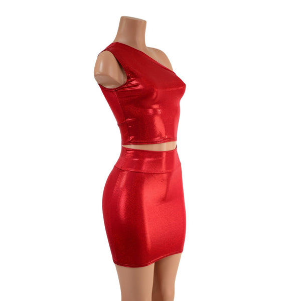 Red Sparkly One Shoulder Crop Top & Bodycon Skirt Set - 6