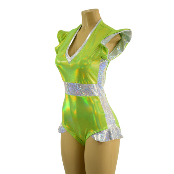 Neon Lime and White Kaleidoscope Flip Sleeve Paneled Romper - Coquetry Clothing