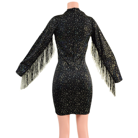 Star Noir Mini Dress with Fringed Sleeves, Keyhole, and Back Zipper - Coquetry Clothing