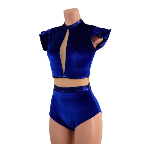 One Piece Sapphire Blue Velvet and Inset Mesh Keyhole Romper - Coquetry Clothing