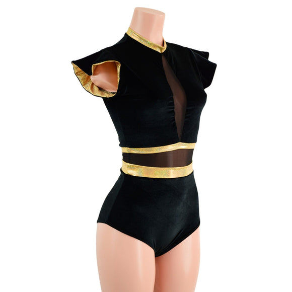 Black Velvet and Mesh Romper with Inset Mesh Keyhole Neckline - Coquetry Clothing