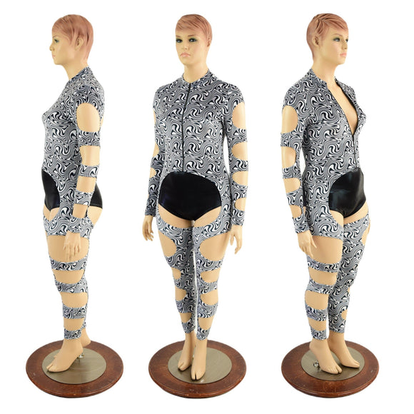 Quad Cutout Catsuit in Distortion Velvet with Chaps Cutouts - Coquetry Clothing