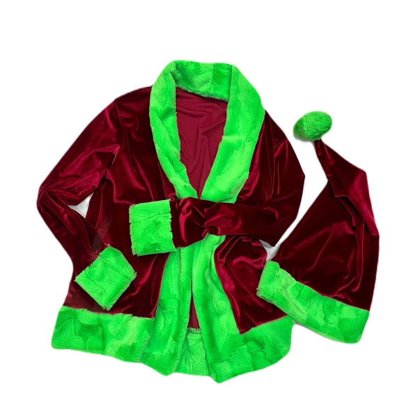 "Mean One" Not a Cardigan and Matching Santa Hat with Neon Green Trim - 2