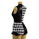 Quad Color Blocked Romper with Plunging V neckline, Siren Leg, and Hip Ruffles - Coquetry Clothing