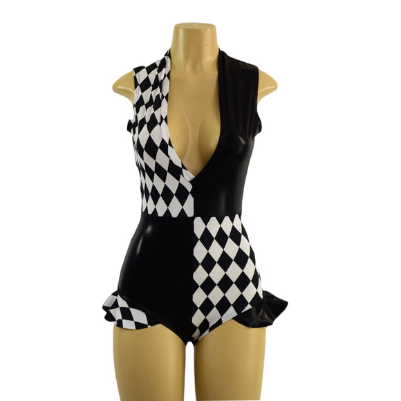 Quad Color Blocked Romper with Plunging V neckline, Siren Leg, and Hip Ruffles - Coquetry Clothing