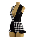 Quad Color Blocked Romper with Plunging V neckline, Siren Leg, and Hip Ruffles - Coquetry Clothing