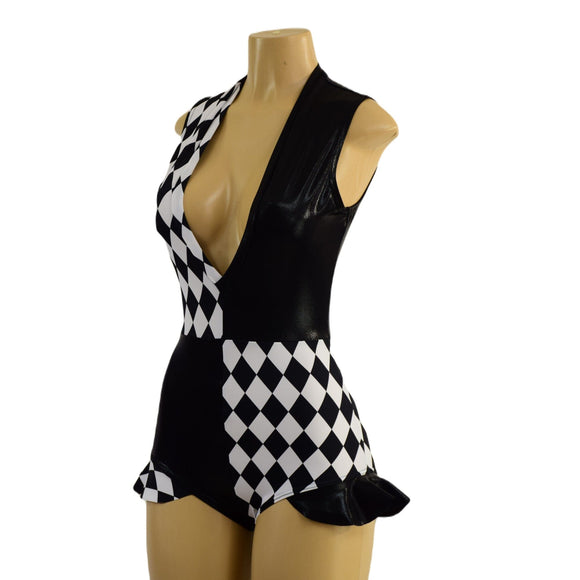 Quad Color Blocked Romper with Plunging V neckline, Siren Leg, and Hip Ruffles - Coquetry Clothing