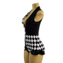 Quad Color Blocked Romper with Plunging V neckline, Siren Leg, and Hip Ruffles - Coquetry Clothing