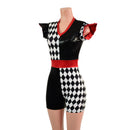 Quad Color Blocked Romper with Red Sparkly Jewel Trim and 3" Inseam - Coquetry Clothing