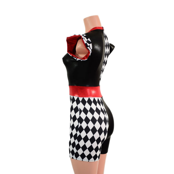 Quad Color Blocked Romper with Red Sparkly Jewel Trim and 3" Inseam - Coquetry Clothing