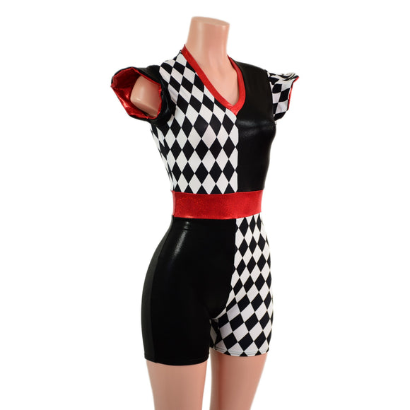 Quad Color Blocked Romper with Red Sparkly Jewel Trim and 3" Inseam - Coquetry Clothing