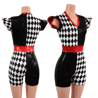 Quad Color Blocked Romper with Red Sparkly Jewel Trim and 3" Inseam - Coquetry Clothing