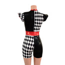 Quad Color Blocked Romper with Red Sparkly Jewel Trim and 3" Inseam - Coquetry Clothing