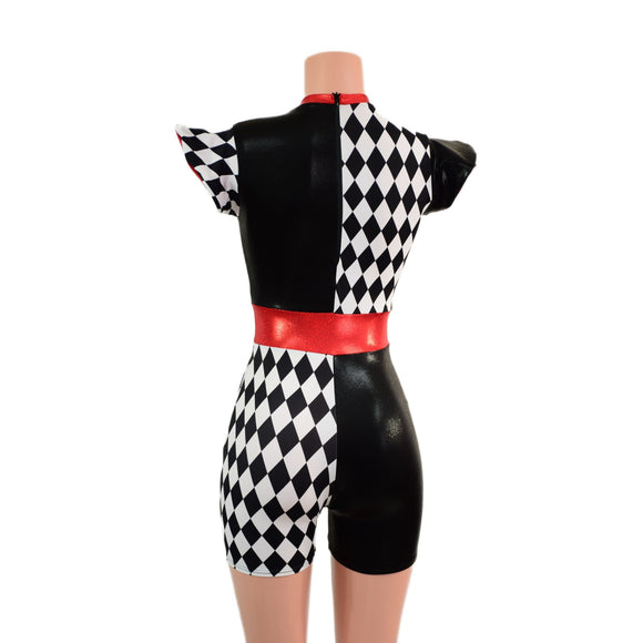 Quad Color Blocked Romper with Red Sparkly Jewel Trim and 3" Inseam - Coquetry Clothing