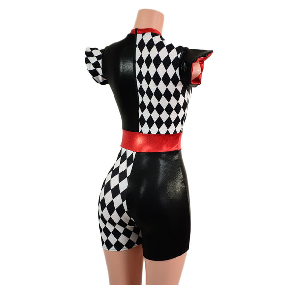 Quad Color Blocked Romper with Red Sparkly Jewel Trim and 3" Inseam - Coquetry Clothing
