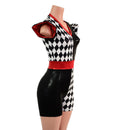 Quad Color Blocked Romper with Red Sparkly Jewel Trim and 3" Inseam - Coquetry Clothing