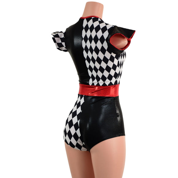 Quad Color Blocked Romper with Red Sparkly Jewel Trim and Flip Sleeves - Coquetry Clothing