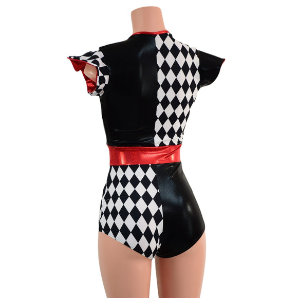 Quad Color Blocked Romper with Red Sparkly Jewel Trim and Flip Sleeves - Coquetry Clothing