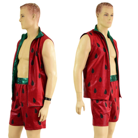 Mens Strawberry Zip Front Hooded Vest with Pockets (Shorts Optional) - Coquetry Clothing