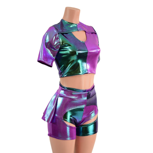 Harlequin Color Blocked Siren Shorts, Ruffle Rump Short Chaps, and Window Crop Set - Coquetry Clothing
