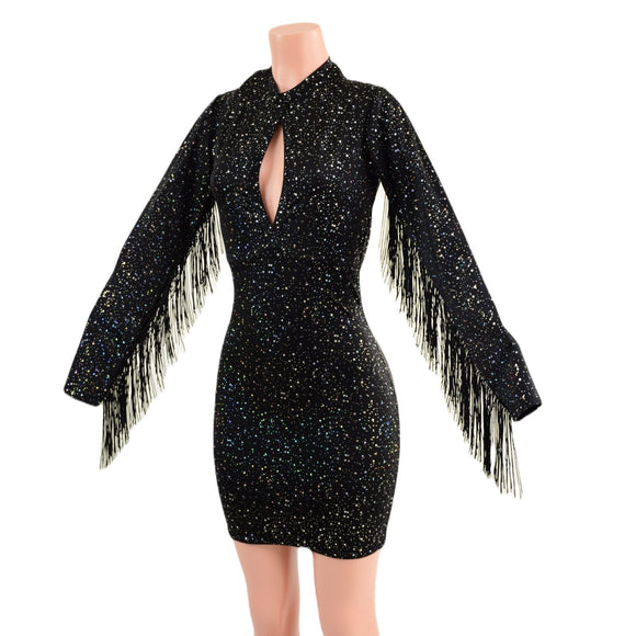 Star Noir Mini Dress with Fringed Sleeves, Keyhole, and Back Zipper - Coquetry Clothing