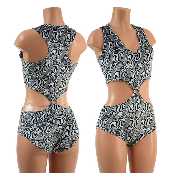 Racerback V Neck Romper with O - Rings and Siren Cut Leg - Coquetry Clothing