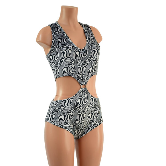 Racerback V Neck Romper with O - Rings and Siren Cut Leg - Coquetry Clothing