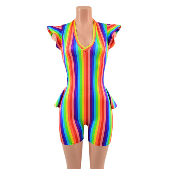 Rainbow Flip Sleeve Ruffle Rump Romper with 4" Inseam - Coquetry Clothing
