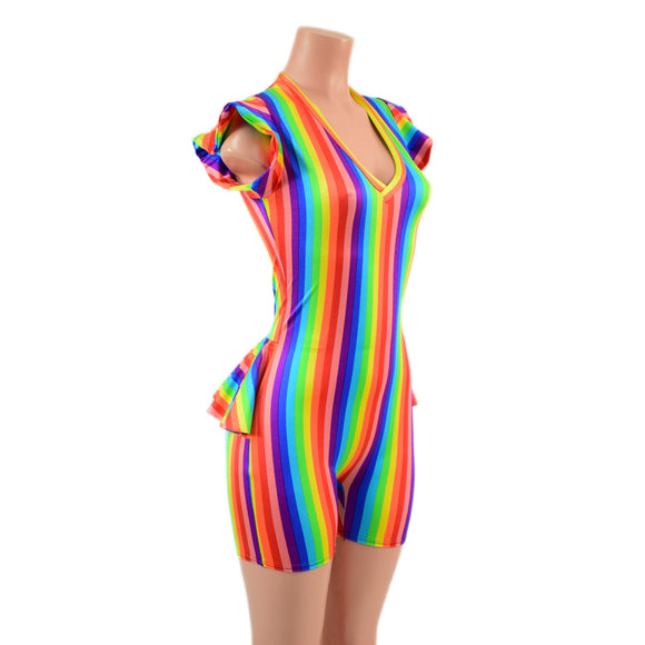 Rainbow Flip Sleeve Ruffle Rump Romper with 4" Inseam - Coquetry Clothing