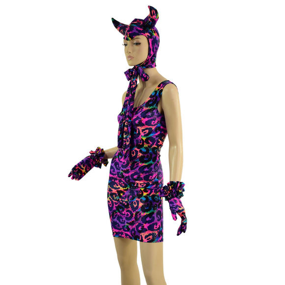 Rainbow Leopard Devil Bonnet, Ruffle Gloves, and Bodycon Tank Dress Set - Coquetry Clothing