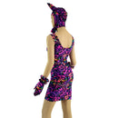 Rainbow Leopard Devil Bonnet, Ruffle Gloves, and Bodycon Tank Dress Set - Coquetry Clothing