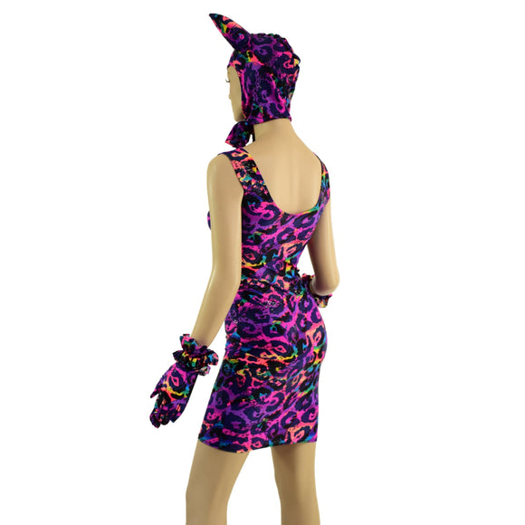 Rainbow Leopard Devil Bonnet, Ruffle Gloves, and Bodycon Tank Dress Set - Coquetry Clothing