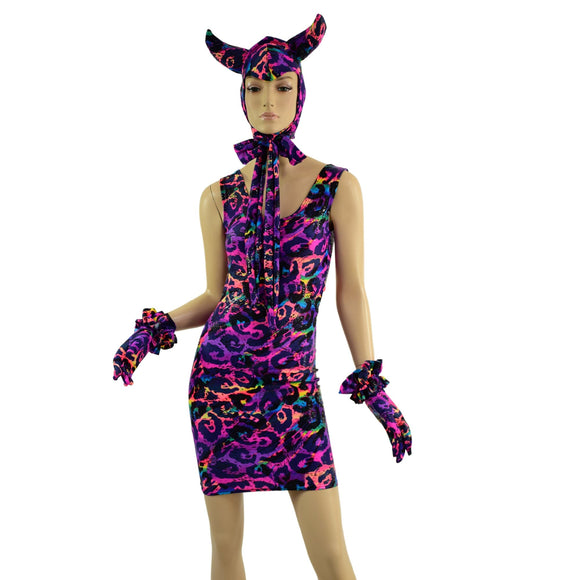 Rainbow Leopard Devil Bonnet, Ruffle Gloves, and Bodycon Tank Dress Set - Coquetry Clothing